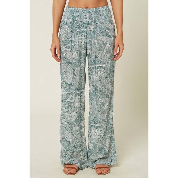 O’Neill XXL Wide Leg Pants Green Gray Leaf Print Lightweight Viscose Boho Beach - Picture 1 of 8